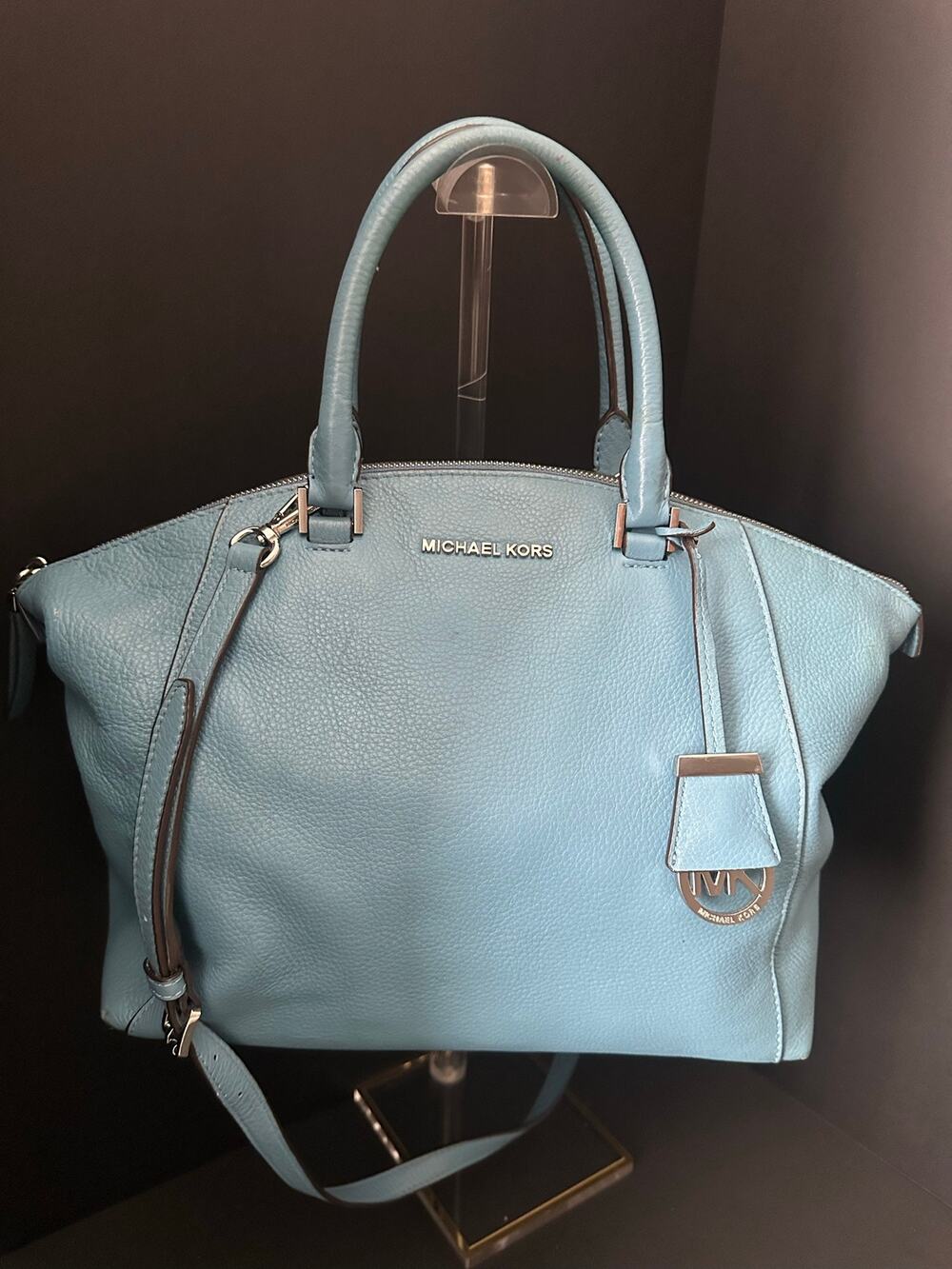 Michael Kors Riley Large Satchel Blue Pebbled Leather Crossbody Shoulder Bag